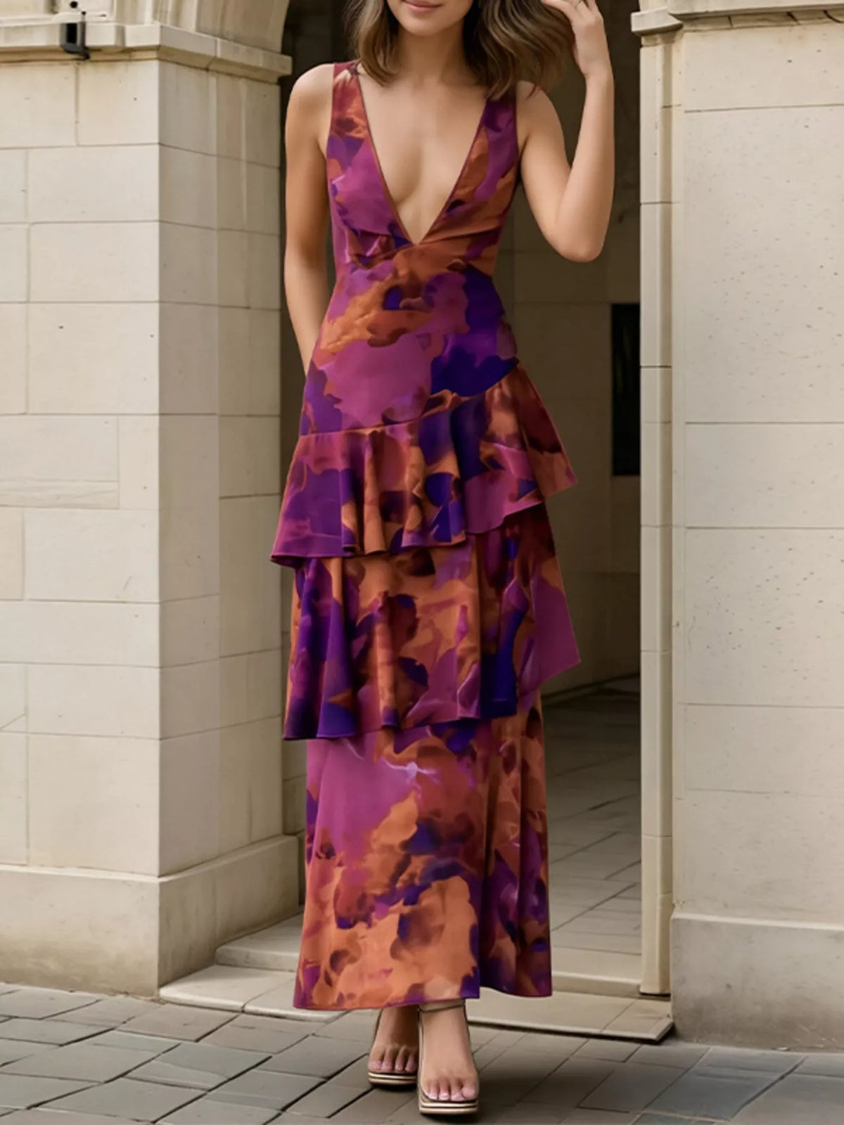 Deep Purple Floral V-Neck Tiered Backless Maxi Dress