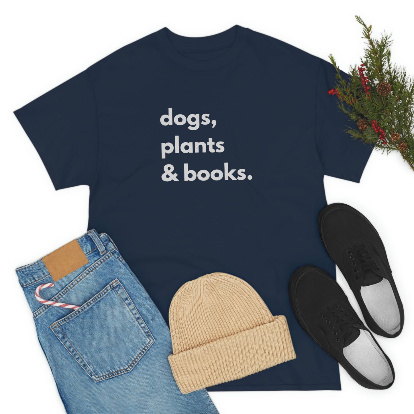 Dog plants and books shirt. Unisex Heavy Cotton tshirt for book lover, dog lover and plant lover