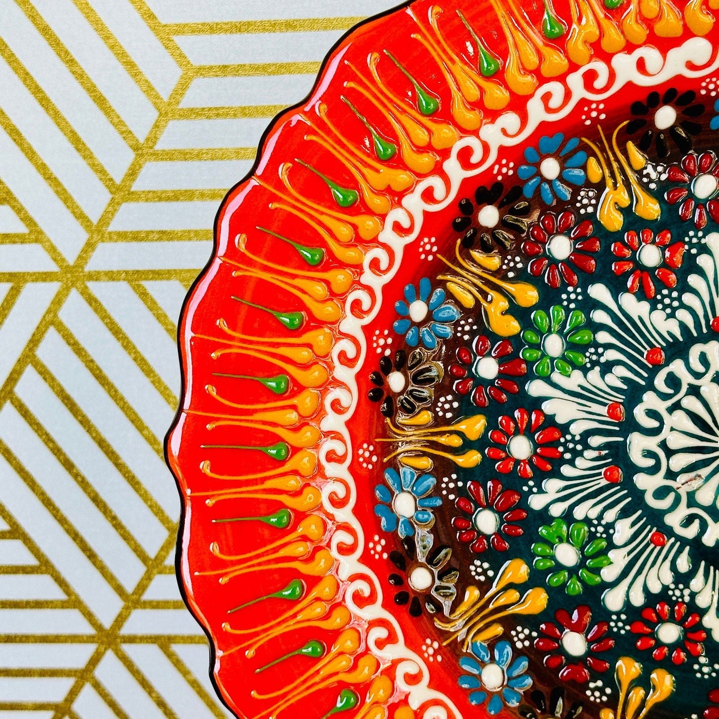 10” Turkish Ceramic Handmade & Painted Plate - Bright Orange Fire Dot Art Floral Tulip Patterned - Wall Hanging or Stand Use