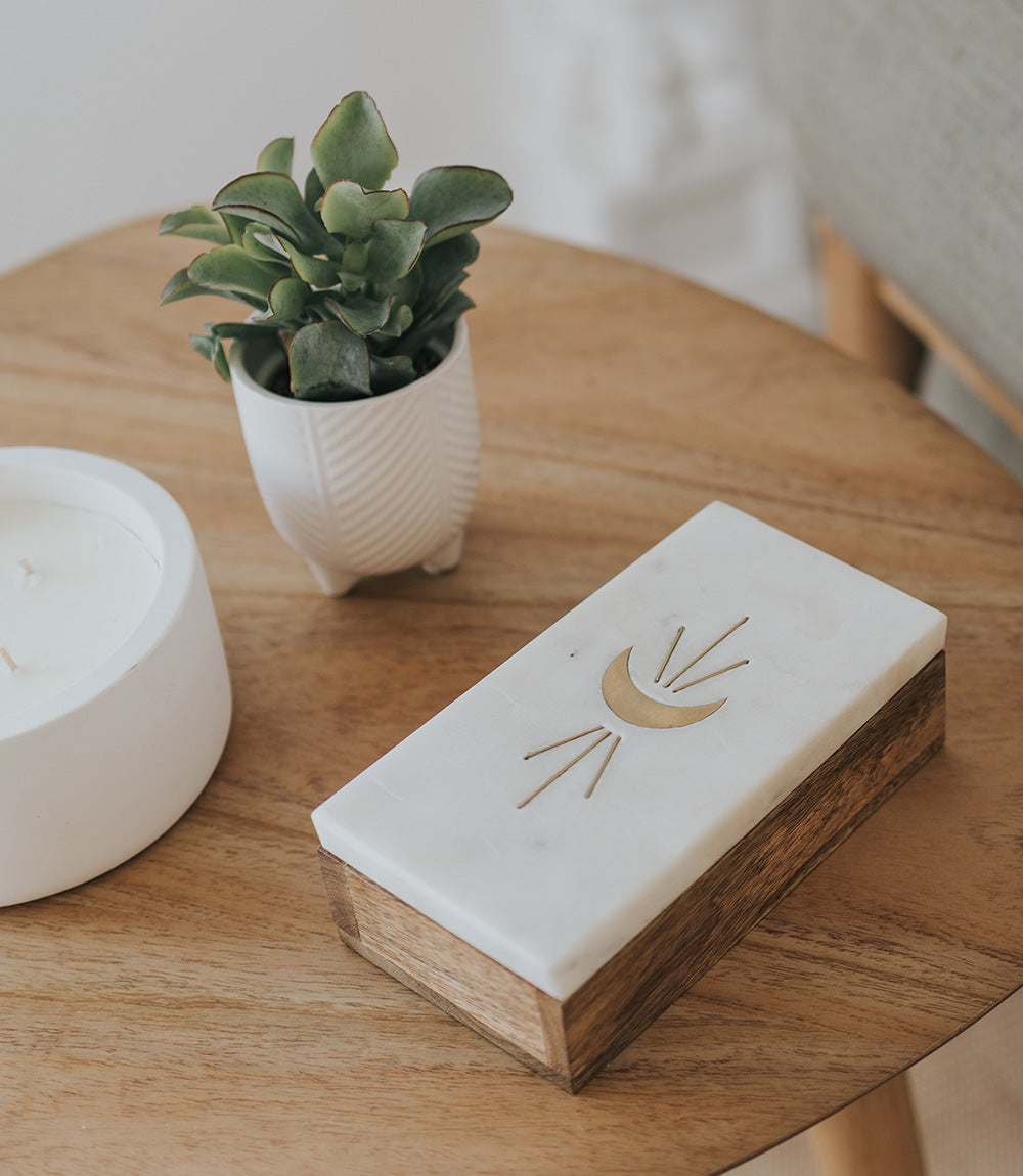 Indukala Crescent Moon Treasure Box - Wood, Marble, Brass – Boxes