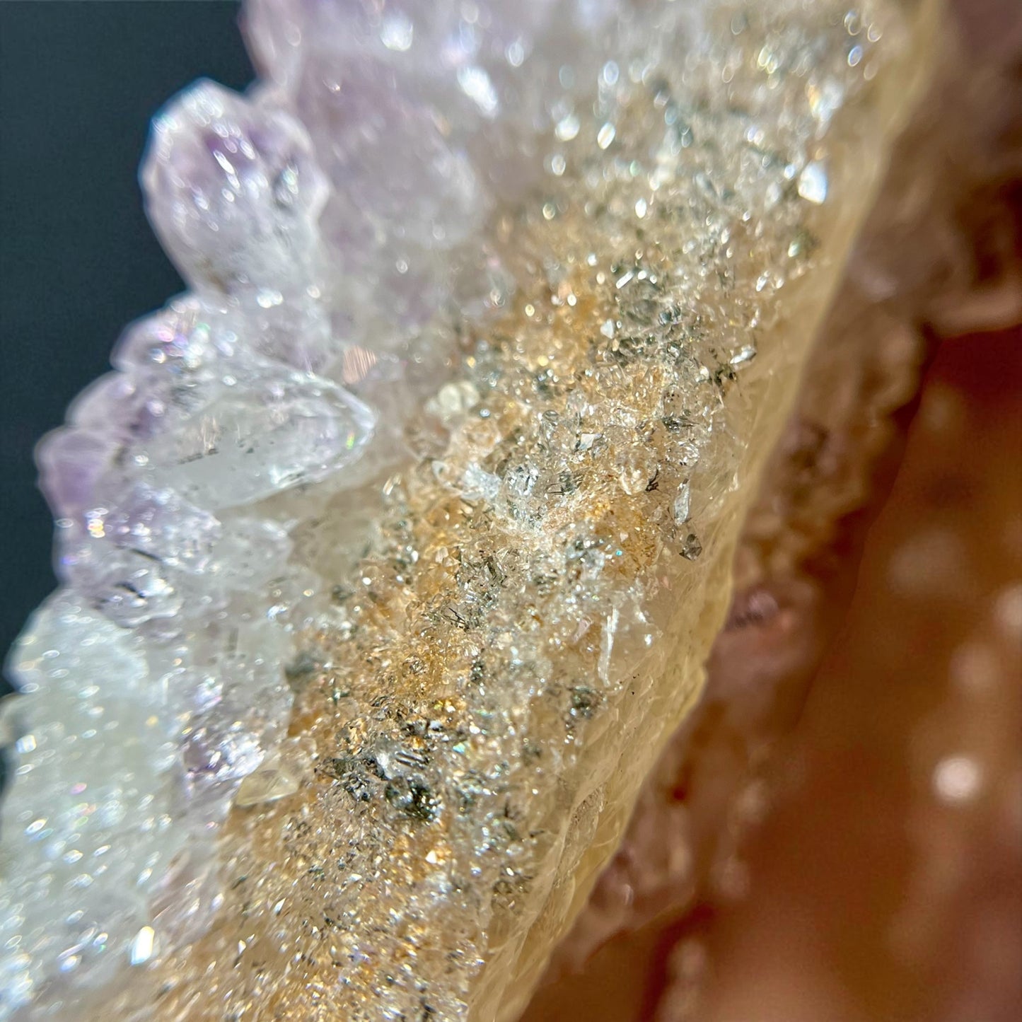 Calcite with Quartz Druse, Amethyst & Orange Iron-Oxide Veins –