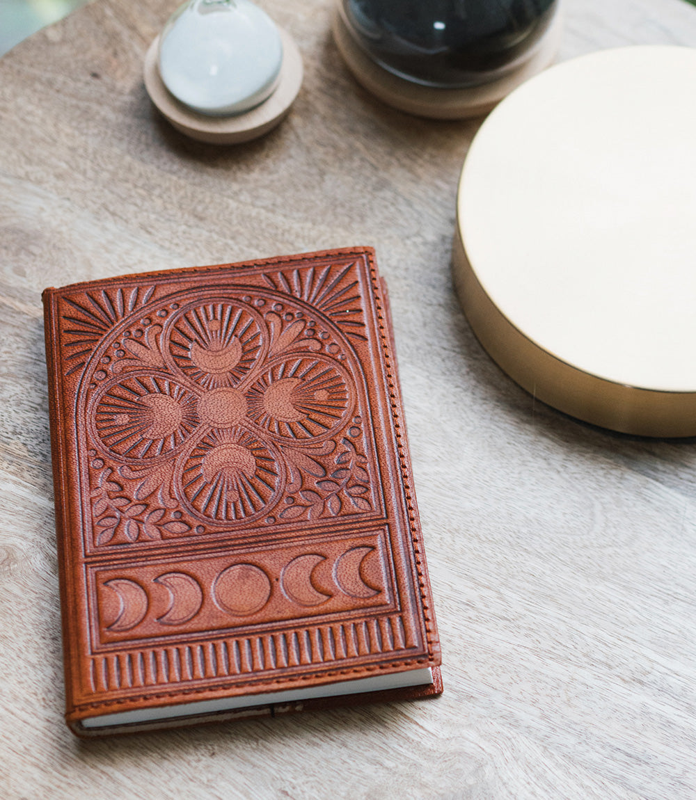 Embossed Brown Leather Moon Phase 5x7 Journal - Refillable Cruelty-Free – Journals