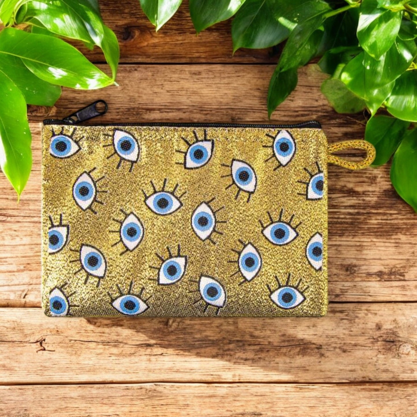 Gold Evil Eye Patterned Woven Zipper Coin Purse