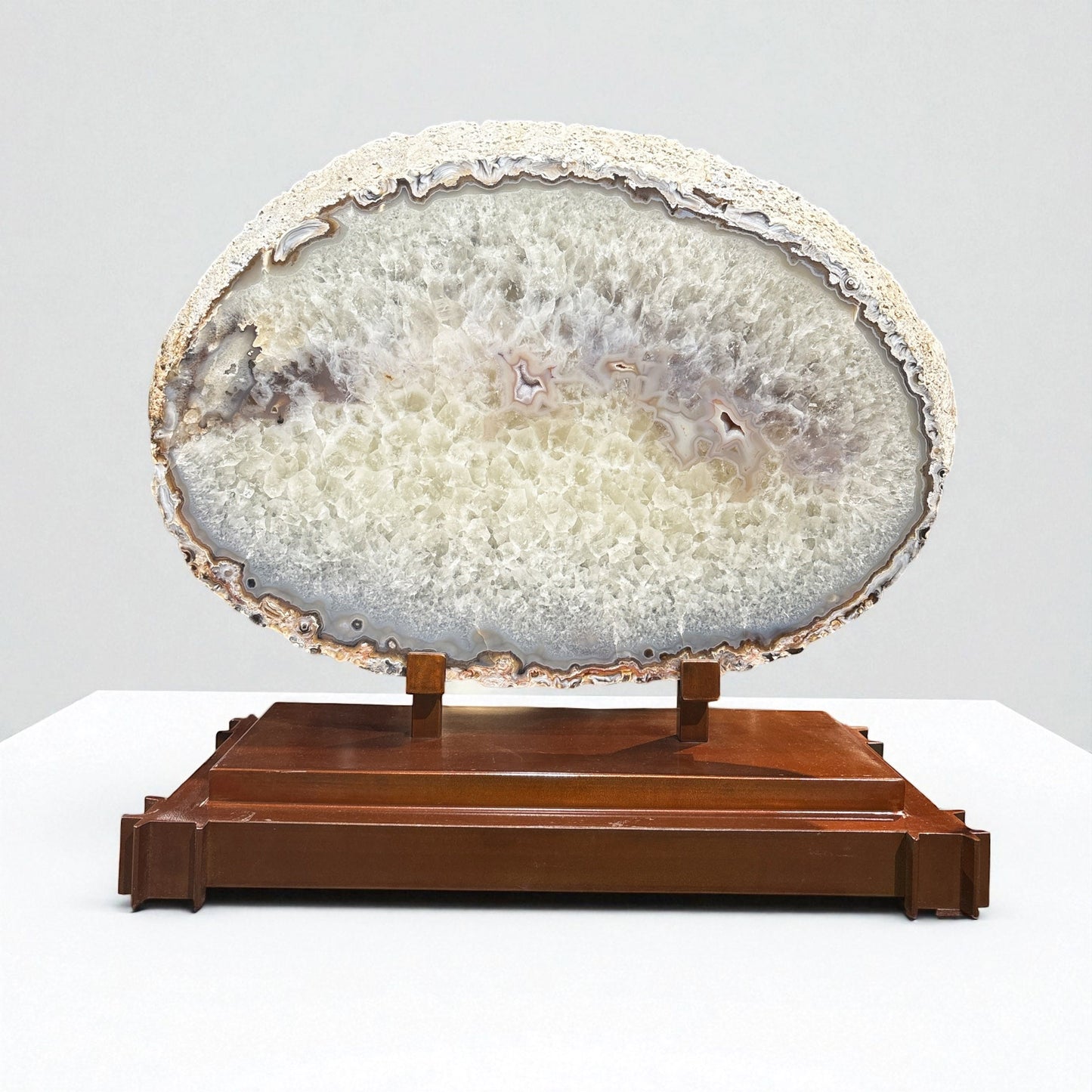 Pink Druze Agate Slice on Copper Patina Stand –