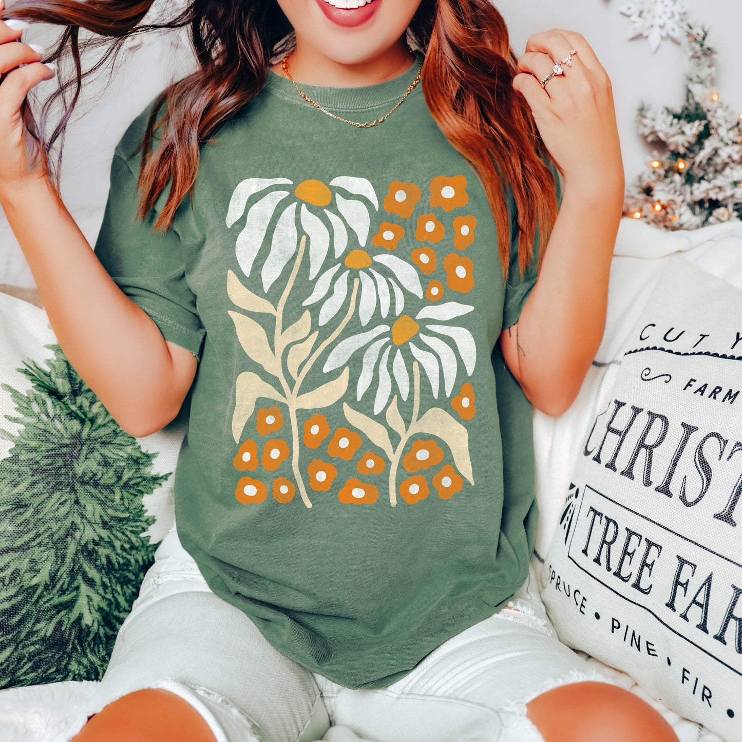 Boho Botanical Daisys - Comfort Colors Tshirt – Moss T-Shirt