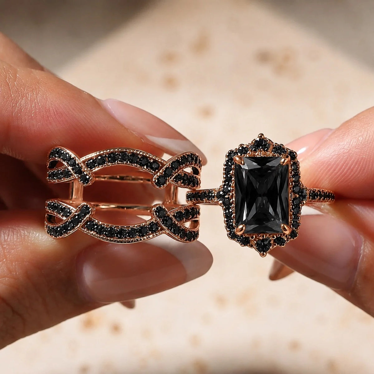 black wedding band set, rose gold, black CZ size 5.5 –