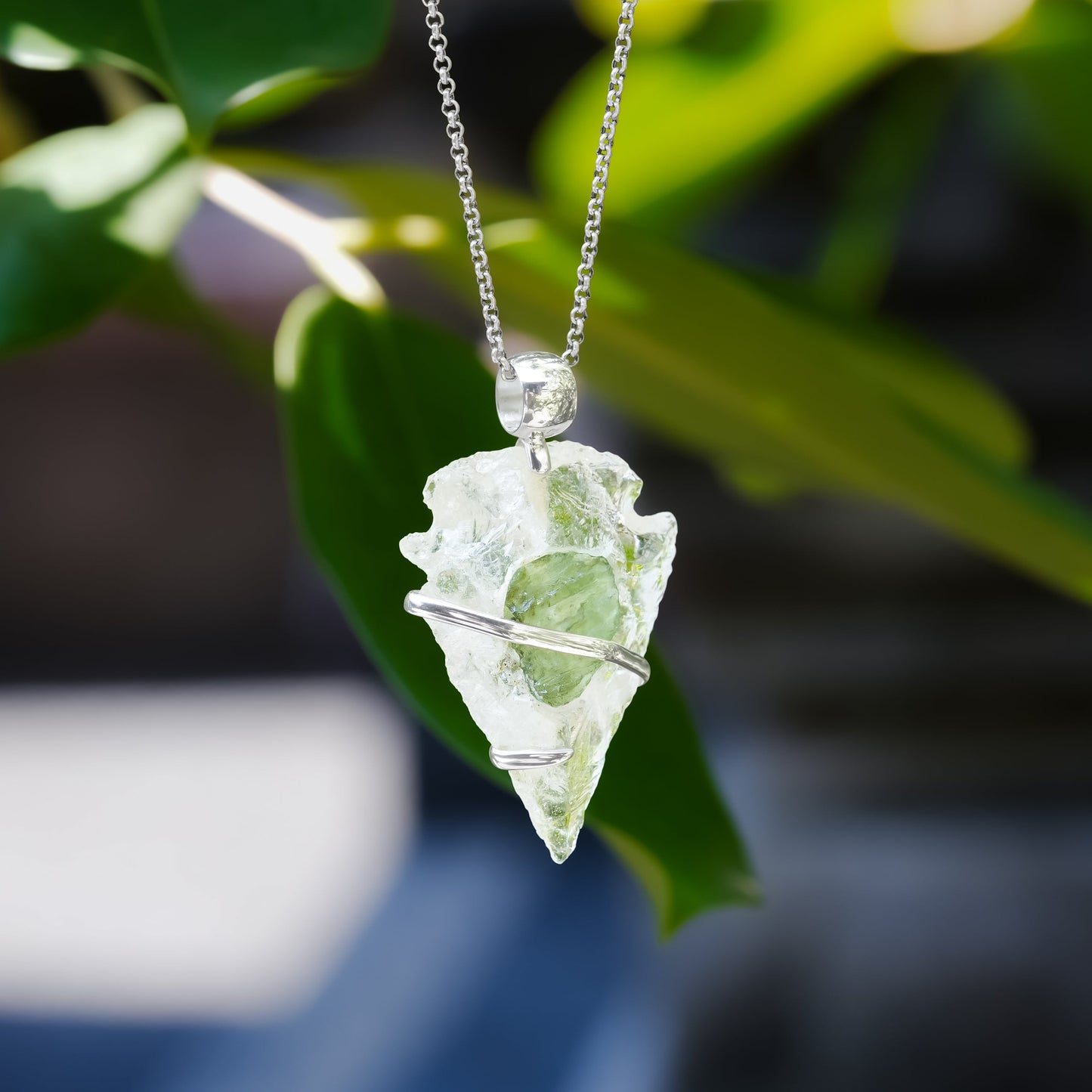 Starborn Quartz Arrowhead and Moldavite Wrap Pendant in Sterling Silver