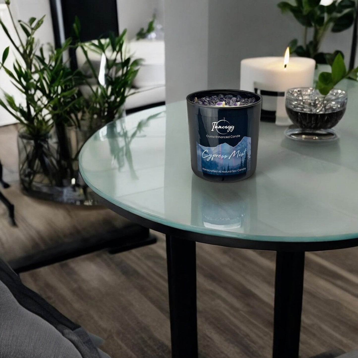 Cypress Mist Crystal Candle with Amethyst | Coconut-Soy Wax Candle, 9oz