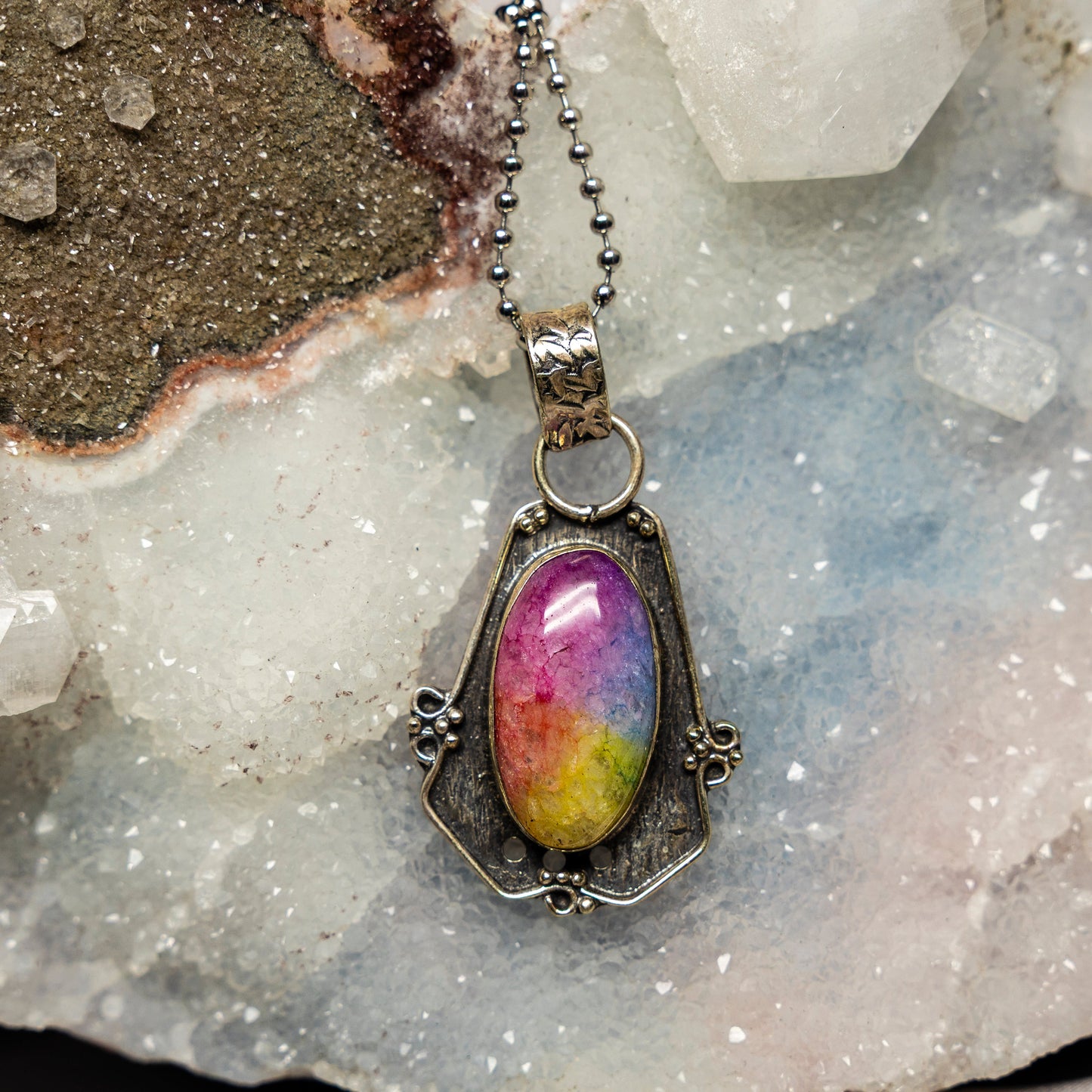 Chakra Dyed Quartz On 925 Silver Pendant