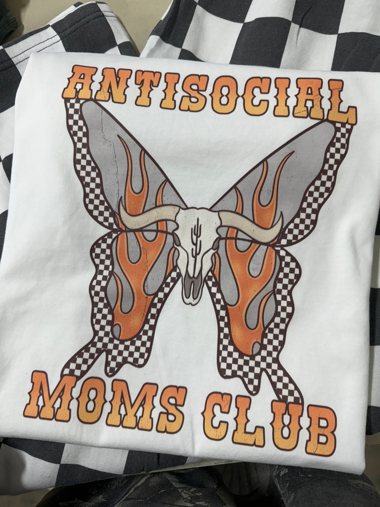 Antisocial mom club checker butterfly flame –