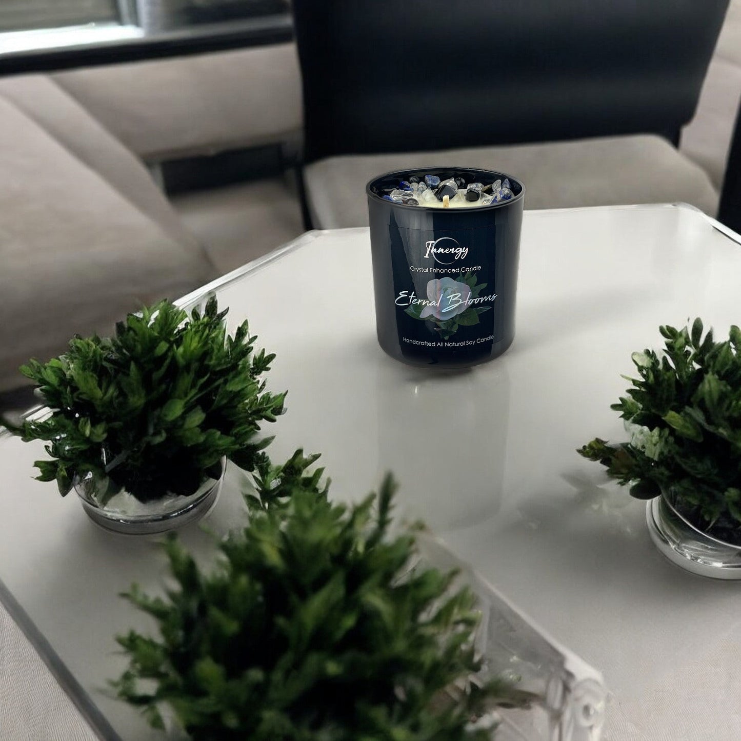 Eternal Blooms Crystal Candle with Obsidian, Lapis Lazuli, & Quartz | Coconut-Soy Wax Candle, 9oz