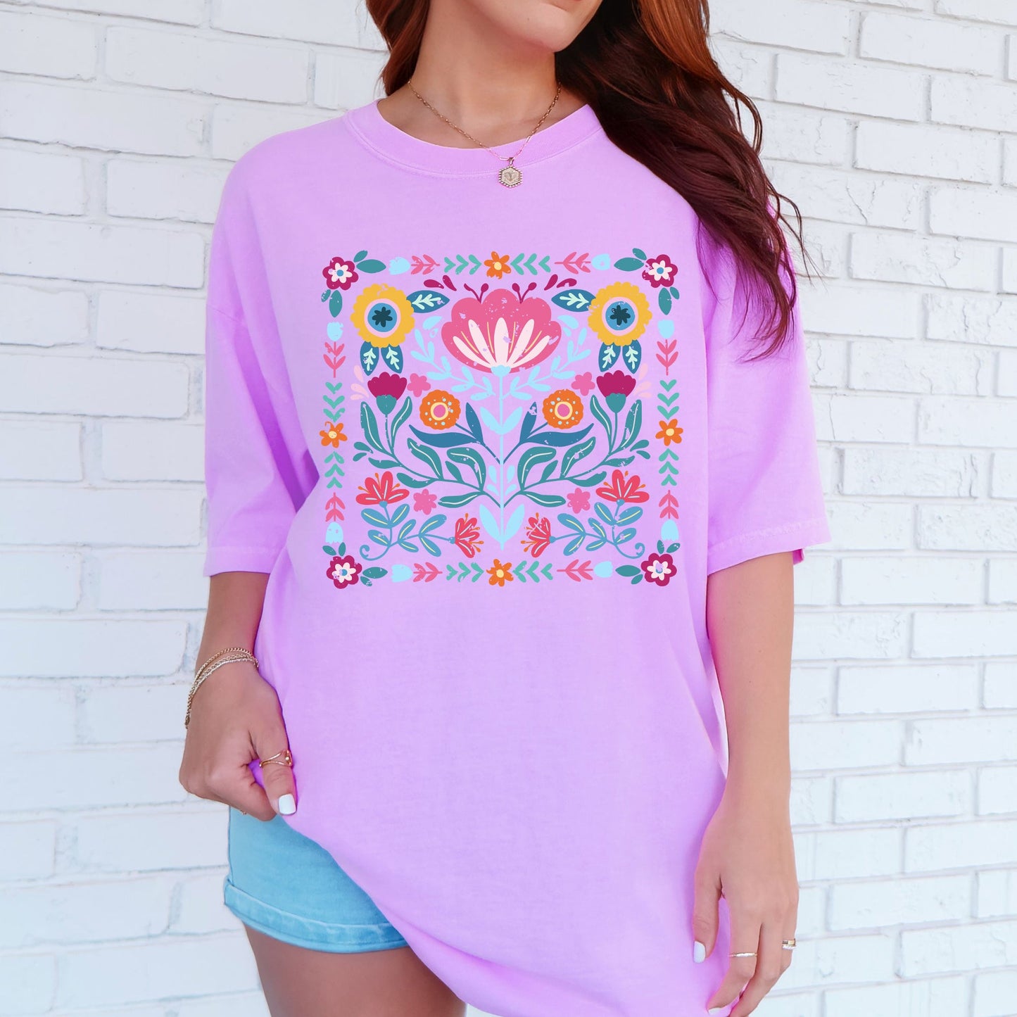 Folk Art Flowers - Comfort Colors T-Shirt – Neon Violet T-Shirt