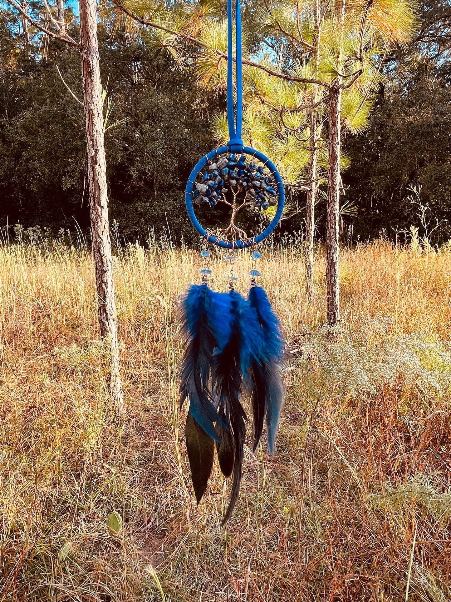 Handmade Blue Tree of Life Dreamcatcher with Blue & Black Feathers - Lapis Lazuli -- Rearview Mirror Hanging or Wall Hanging