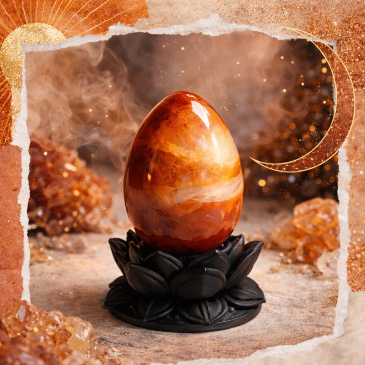 Dark Ethereal Lotus Crystal Egg Stand with Carnelian Agate Egg (Mystic Decor Piece) –