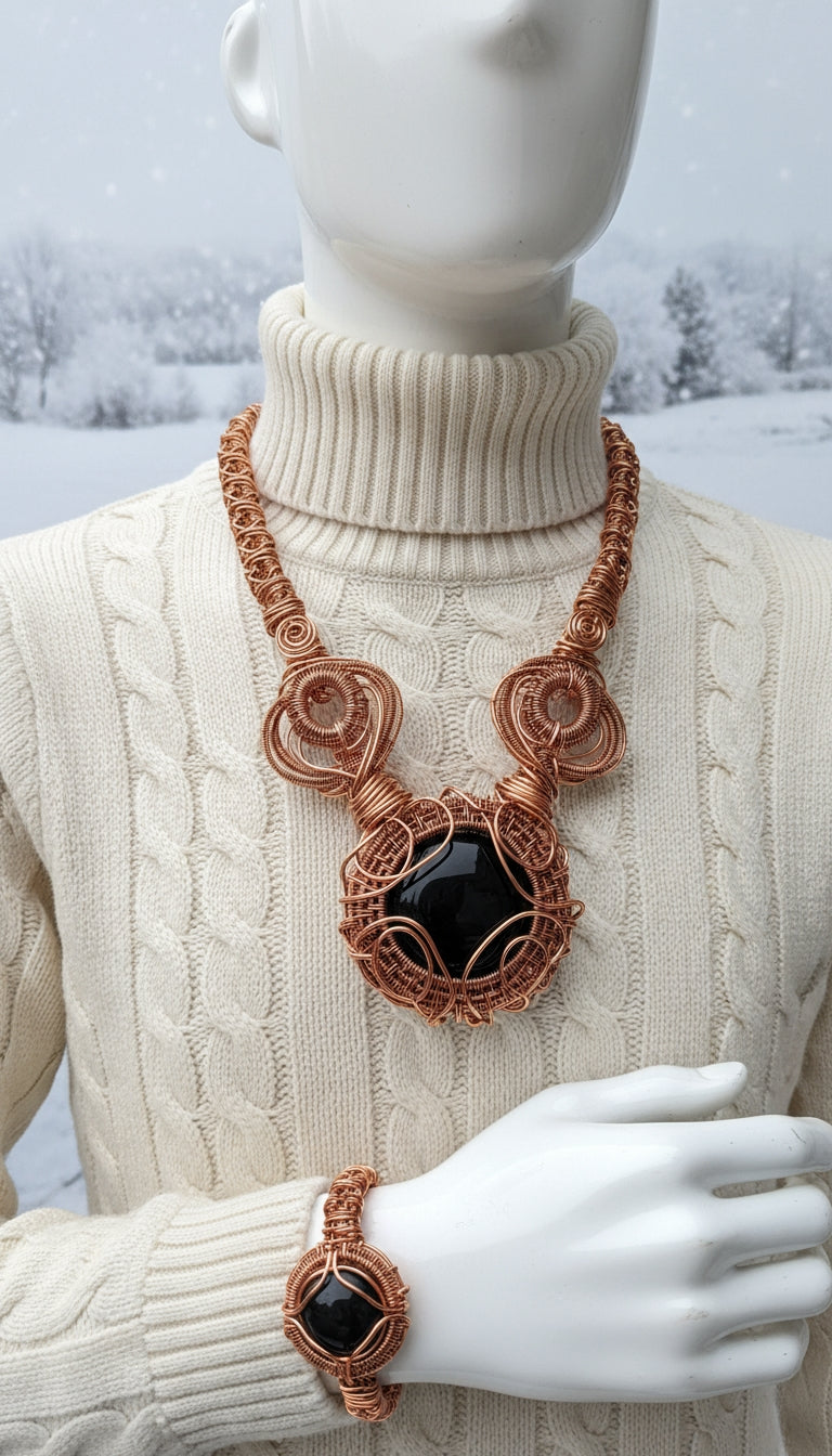 Black Obsidian Copper Wire Wrapped Protection Amulet And Bracelet Set