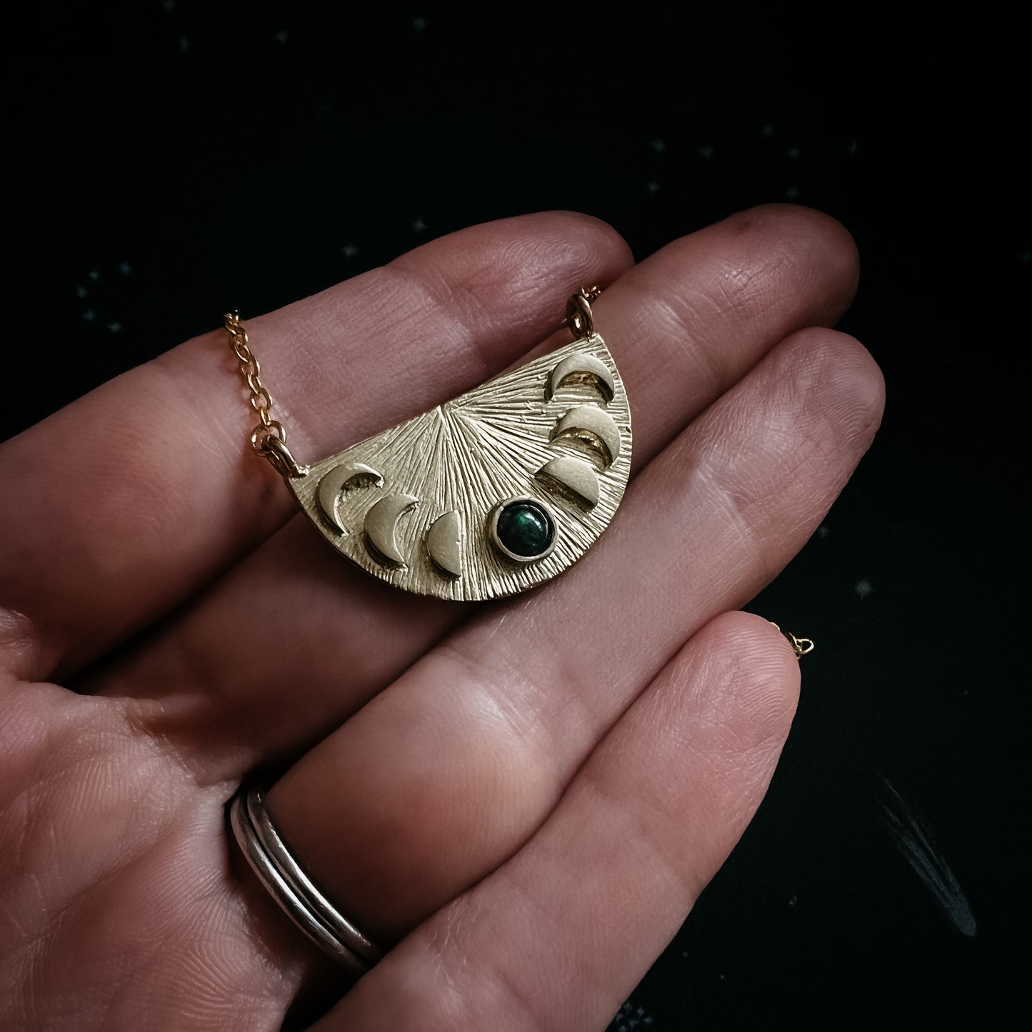 Lunar Eclipse Half Circle Pendant Necklace with Moon Phases and Black Opal – Necklace