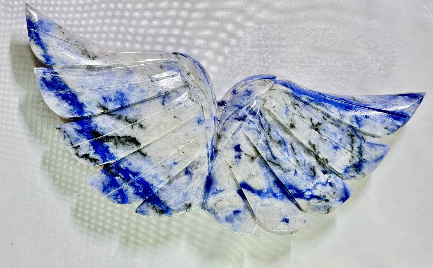 Crystal Carved Angel Wings – Ethically Sourced Hand-Carved Display – Sodalite Hackmanite (Medium UV Reactive)