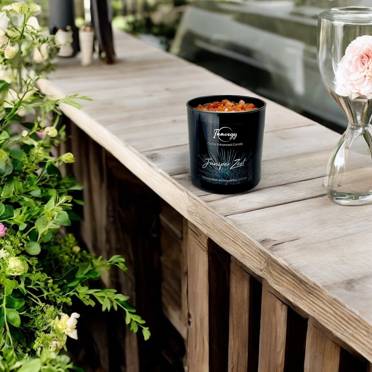 Juniper Zest Crystal Candle with Peach Aventurine | Coconut-Soy Wax Candle, 9oz