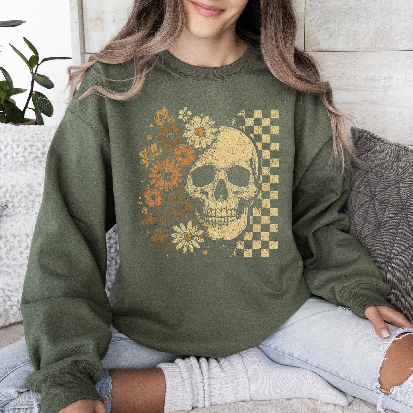Vintage Skull, Floral, Checkered, Ghost, Halloween, Book, Cat, Western, Pumpkin, Retro, Spooky, Costume, Fall, Graphic Sweatshirt