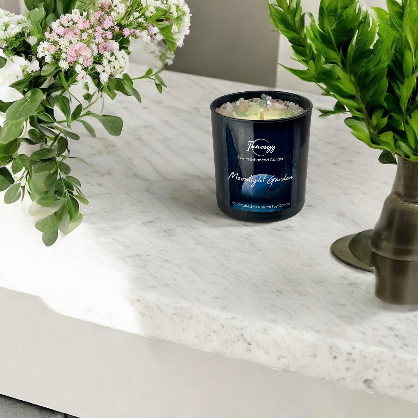 Moonlight Garden Crystal Candle with Fluorite, Rose, & Quartz | Coconut-Soy Wax Candle, 9oz – Crystal Candle