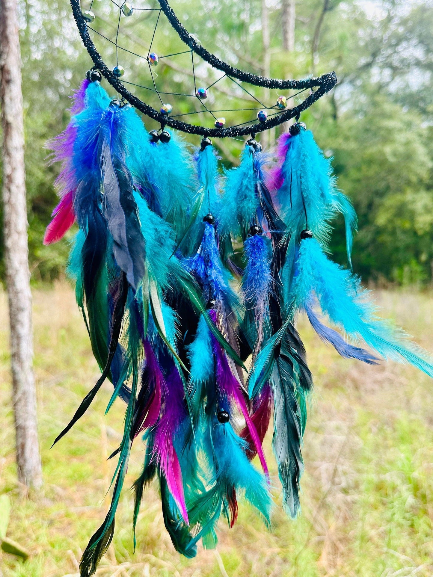 Medium Wall Hanging Crescent Moon Dream Catcher with Black Purple Green Blue Feathers and Charm, Modern Boho Style Home Decor