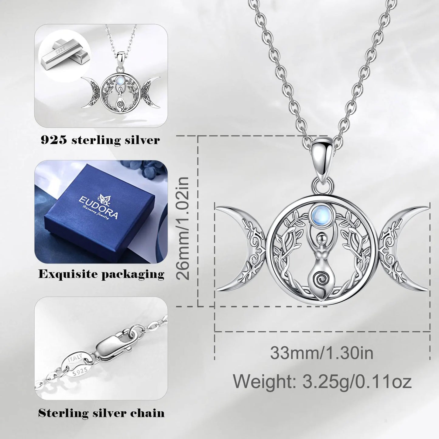 Moonstone Triple Moon Goddess Sterling Silver Necklace – 925 sterling silver