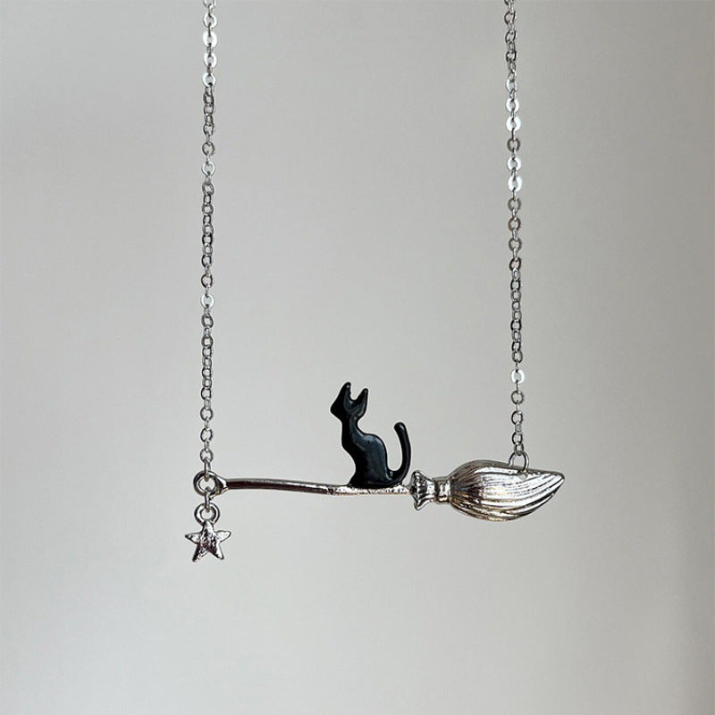 Cat Halloween Ornaments Magic Broom Black Necklaces
