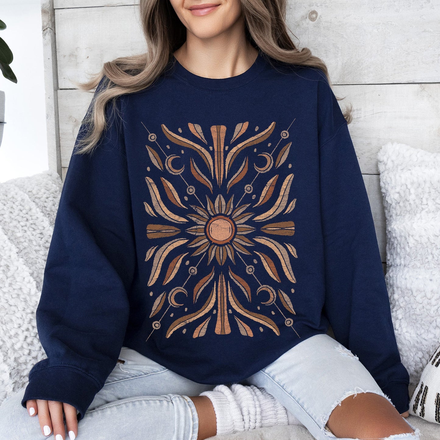 Boho Radiant Sun Sweatshirt – Cozy Unisex Pullover – Navy Sweatshirt