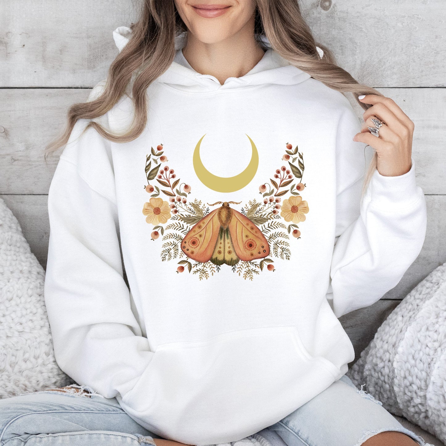 Mystical Moth and Moon, Enchanted Floral Night - Hoodie – White Hoodie