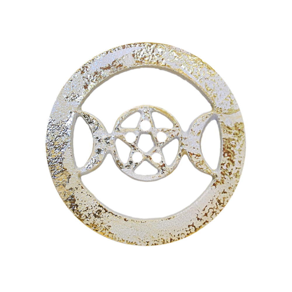 White w/Gold Triple Moon Pentagram Metal Altar Tile