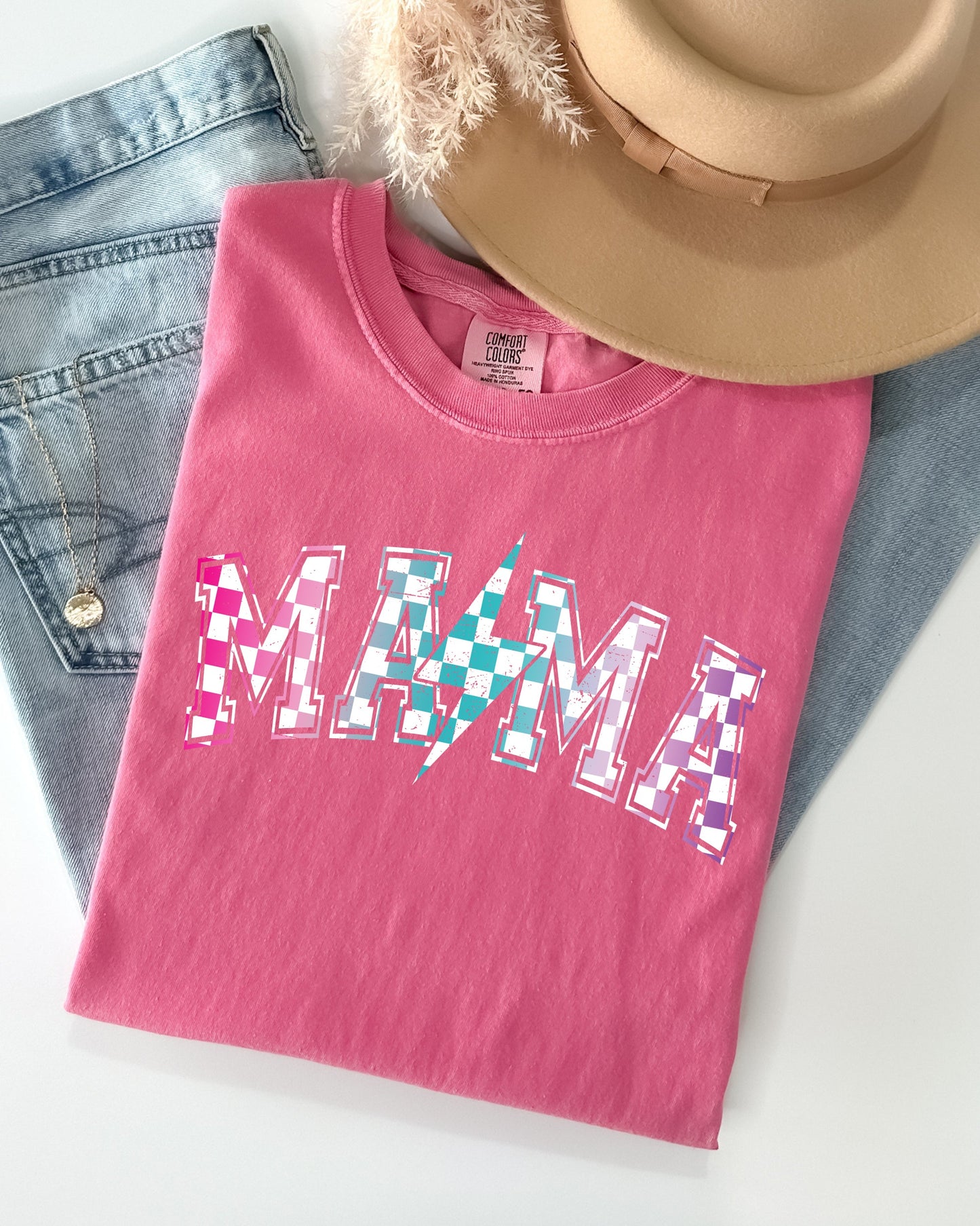 Retro Mama, Checkered, Lightening Bolt, Colorful, Mother, Mom Shirt Comfort Colors T-Shirt – Crunchberry Bright Pink T-Shirt