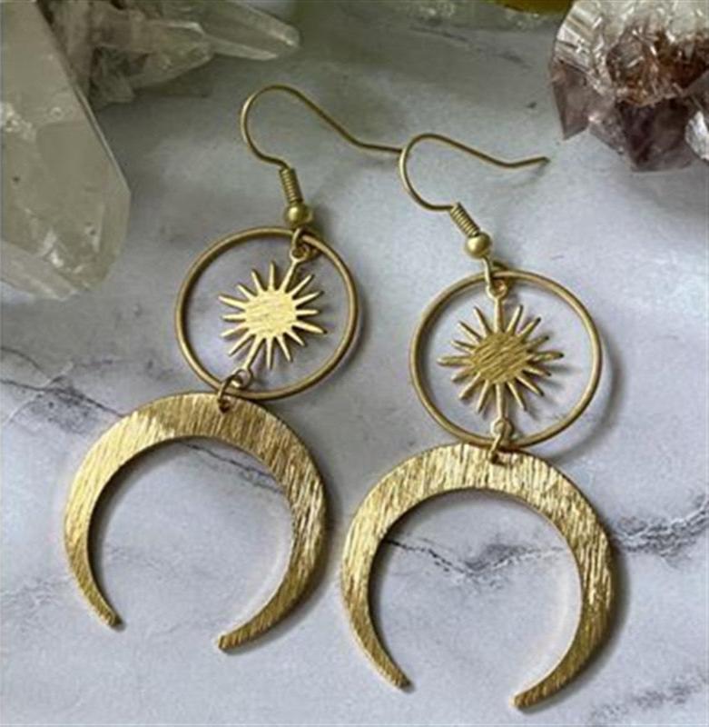 Druzy Stone Crescent Moon Sun Earrings