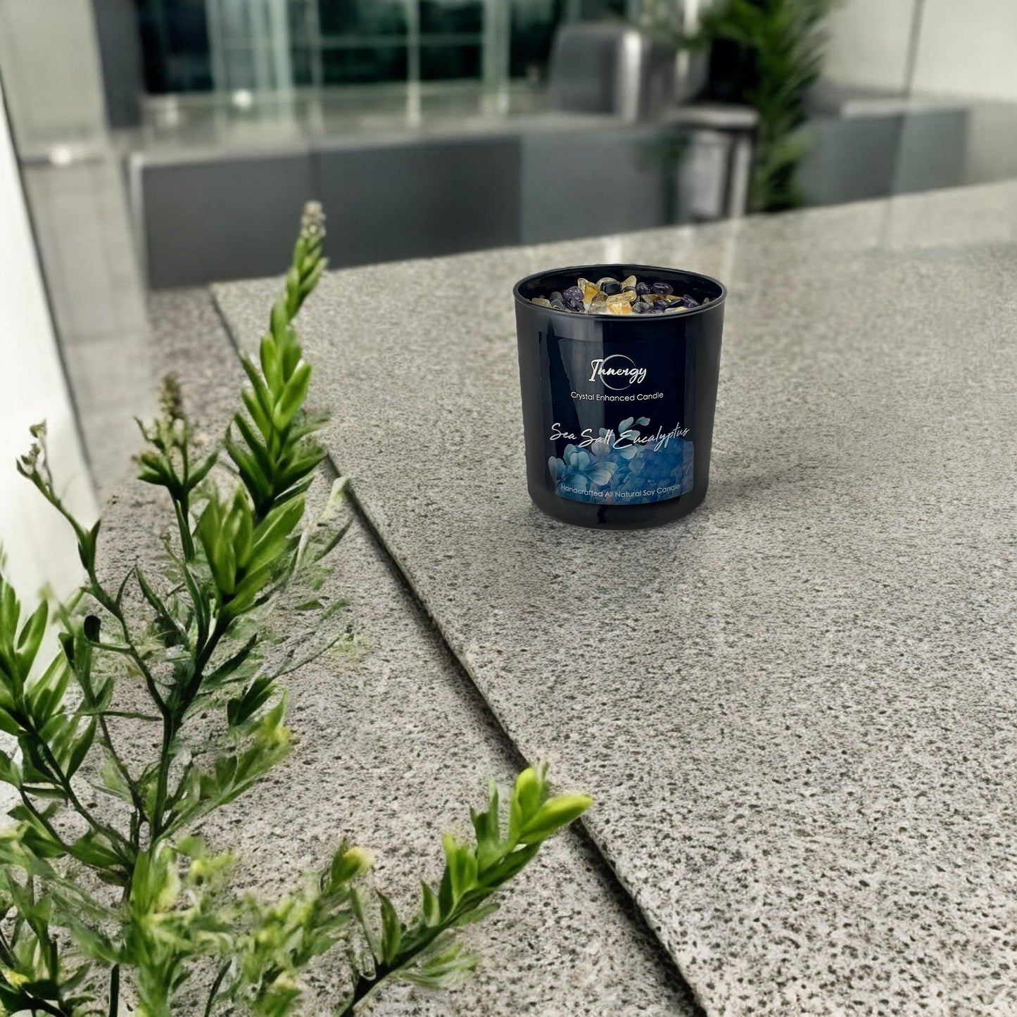 Sea Salt Eucalyptus Crystal Candle with Obsidian, Citrine, & Amethyst | Coconut-Soy Wax Candle, 9oz