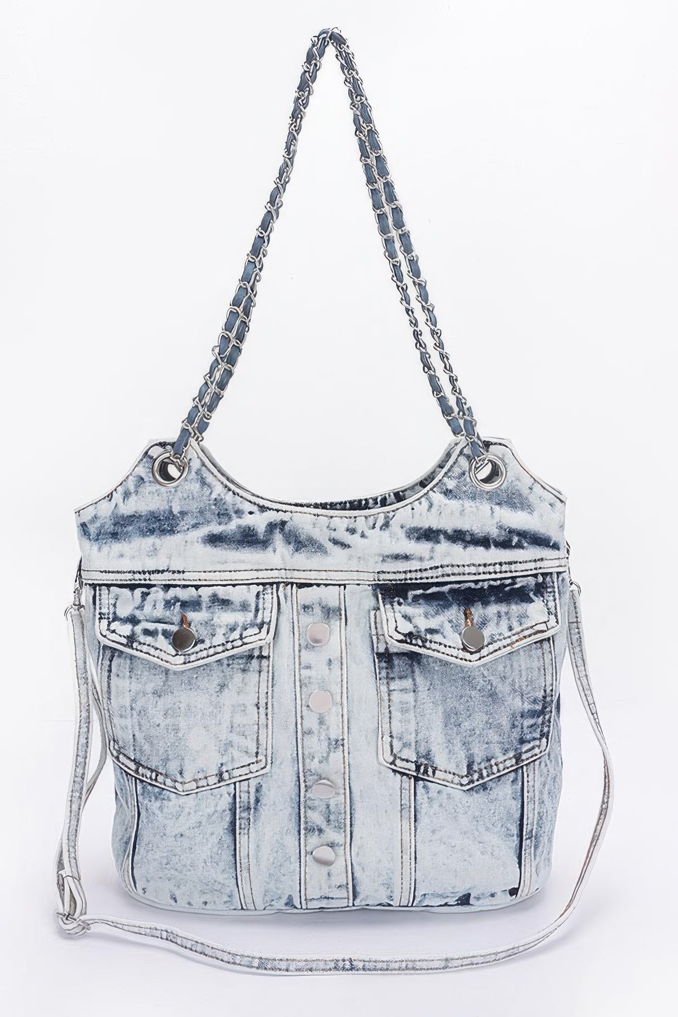 Washed Denim Double Pockets Tote Bag – Light blue