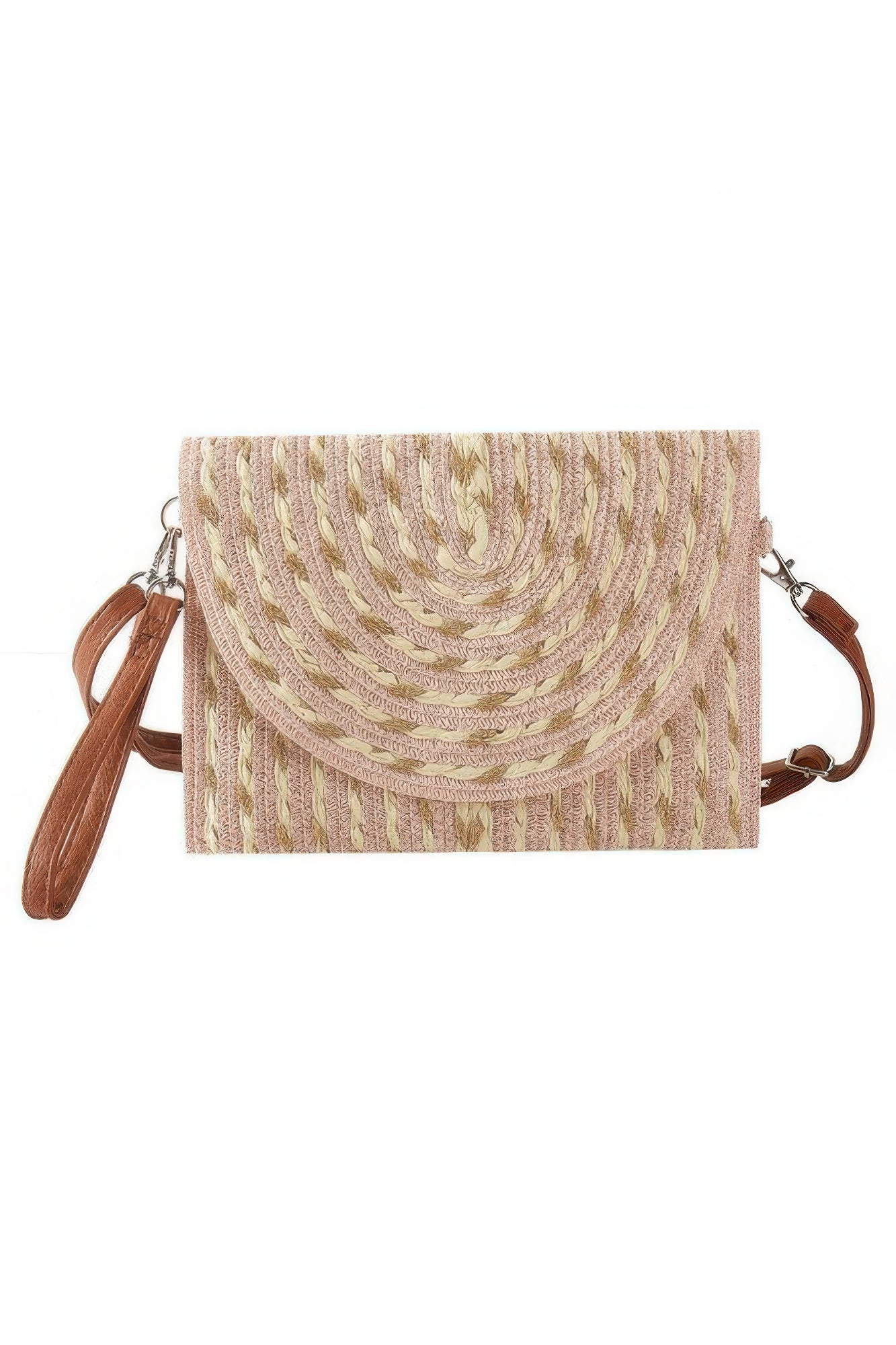 Gold Threads Mixed Color Straw Clutch Crossbodybag – Pink