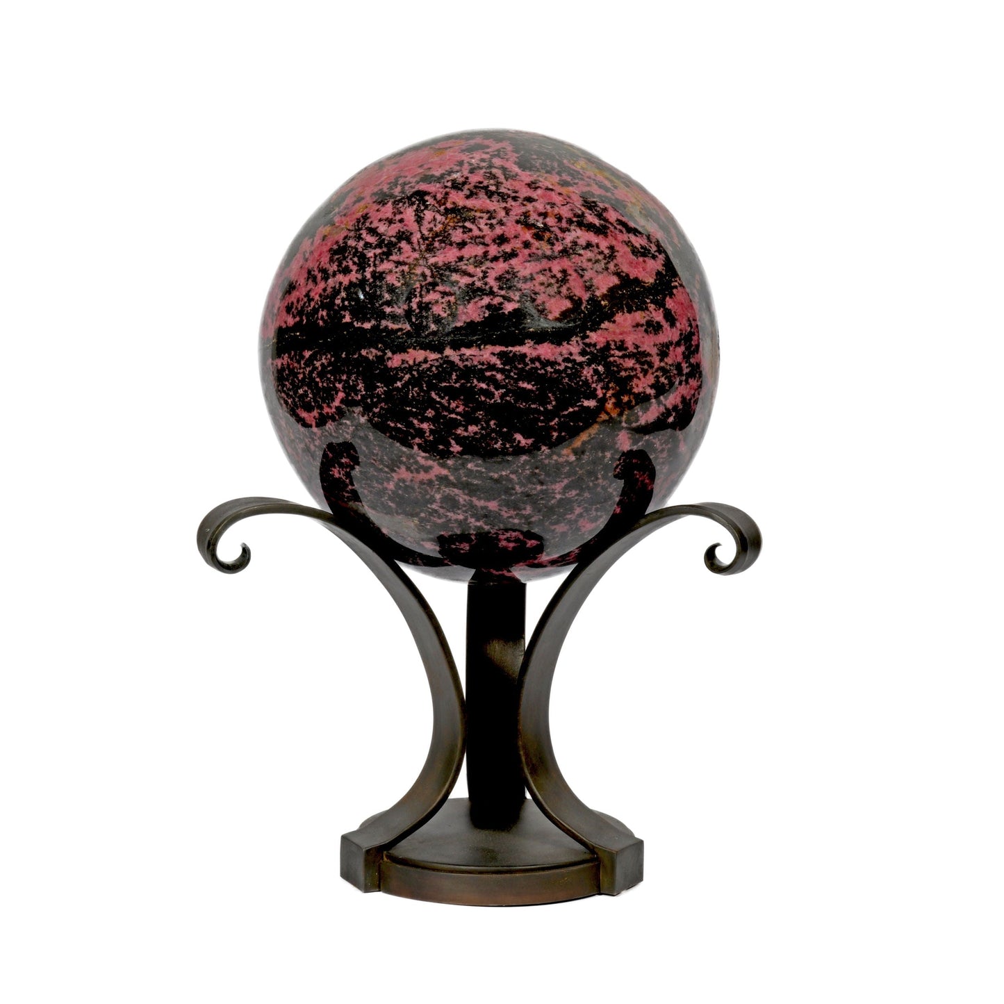 Rhodonite Sphere on Metal Stand - Spiral Bouquet Display –