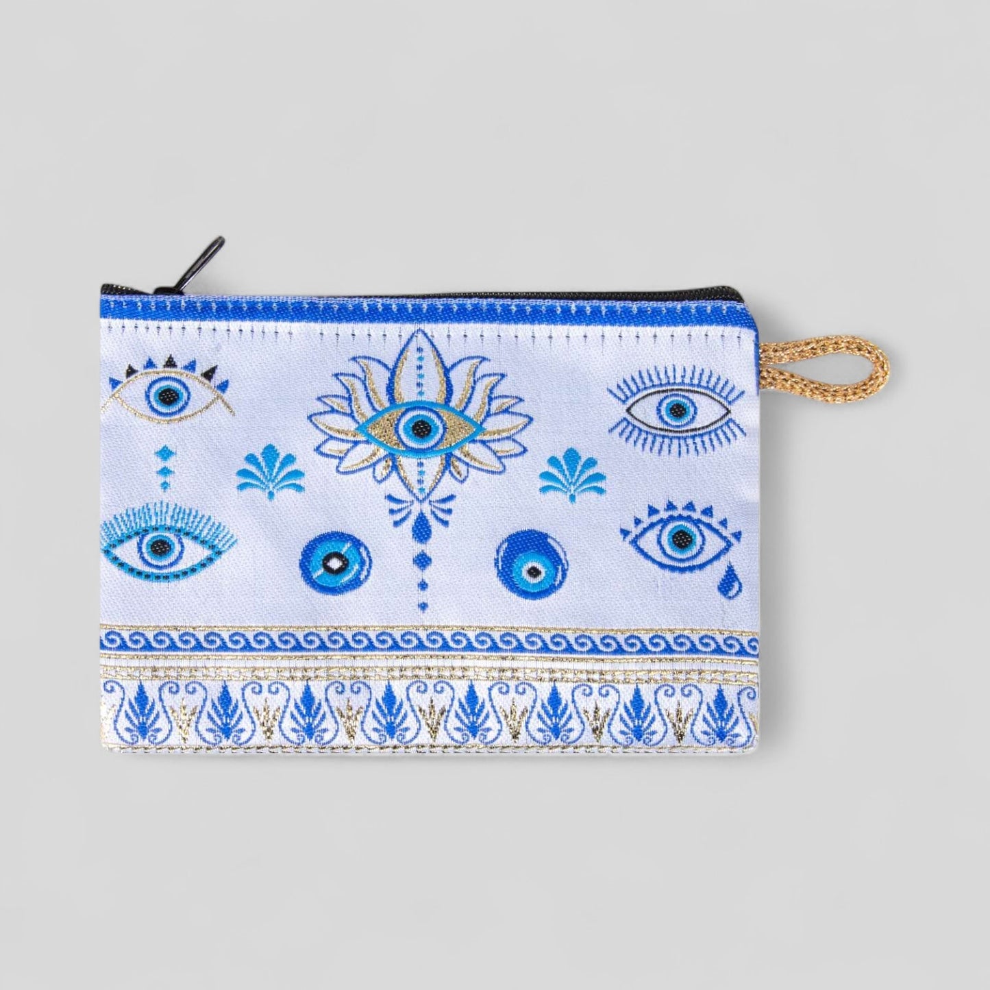 Cute Mini Lotus Evil Eye Pattern with Gold Accents Woven Zipper Coin Purse