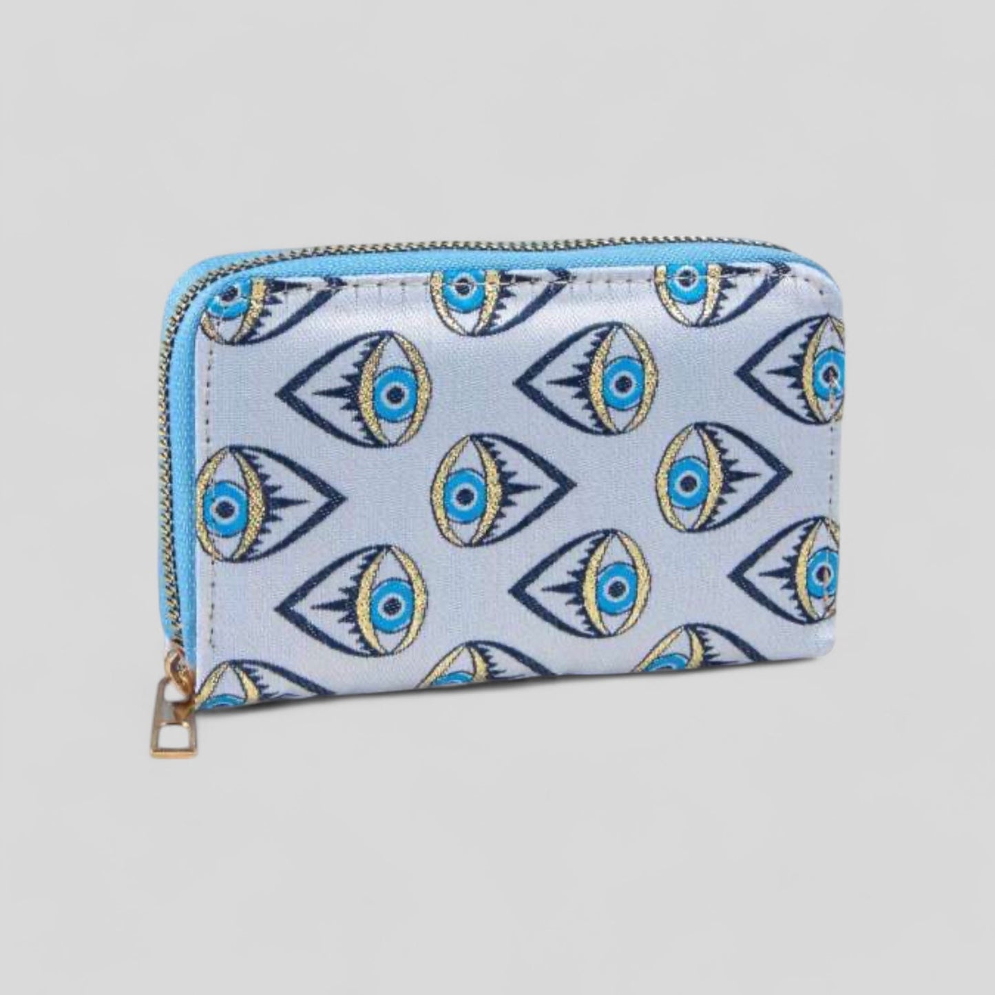 Evil Eye Patterned Woven Zipper Wallet with Gold Accents –