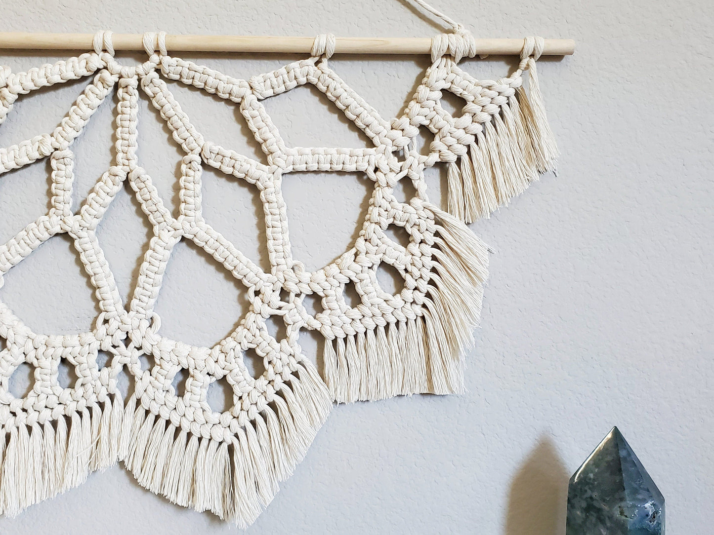 Large macrame half mandala wall hanging.