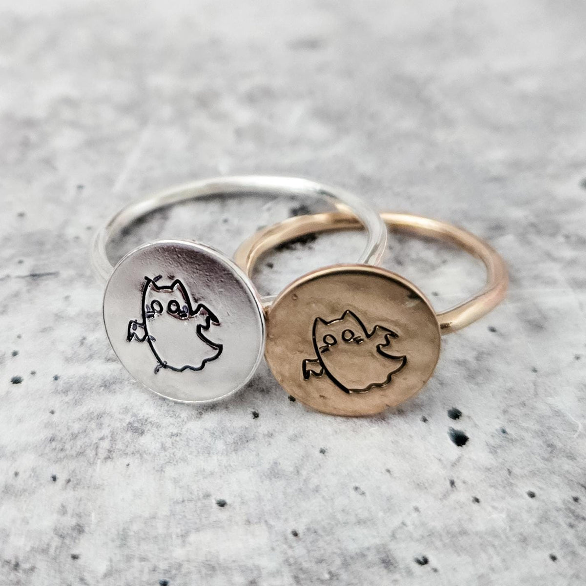 Halloween Ghost Cat Ring: Sterling Silver or Gold-Filled