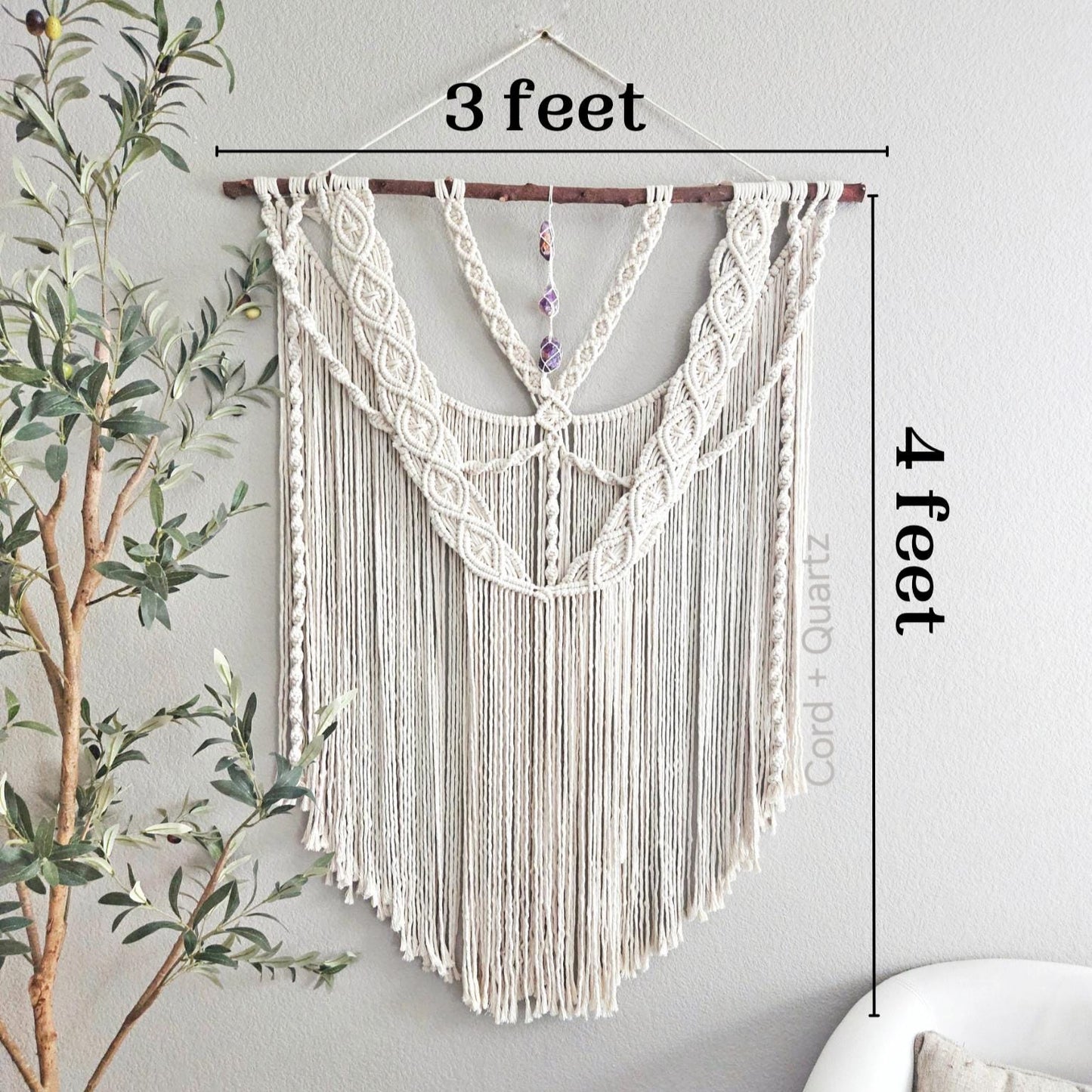 Extra large macrame wall hanging with 3 large amethyst crystals. Ready to ship.