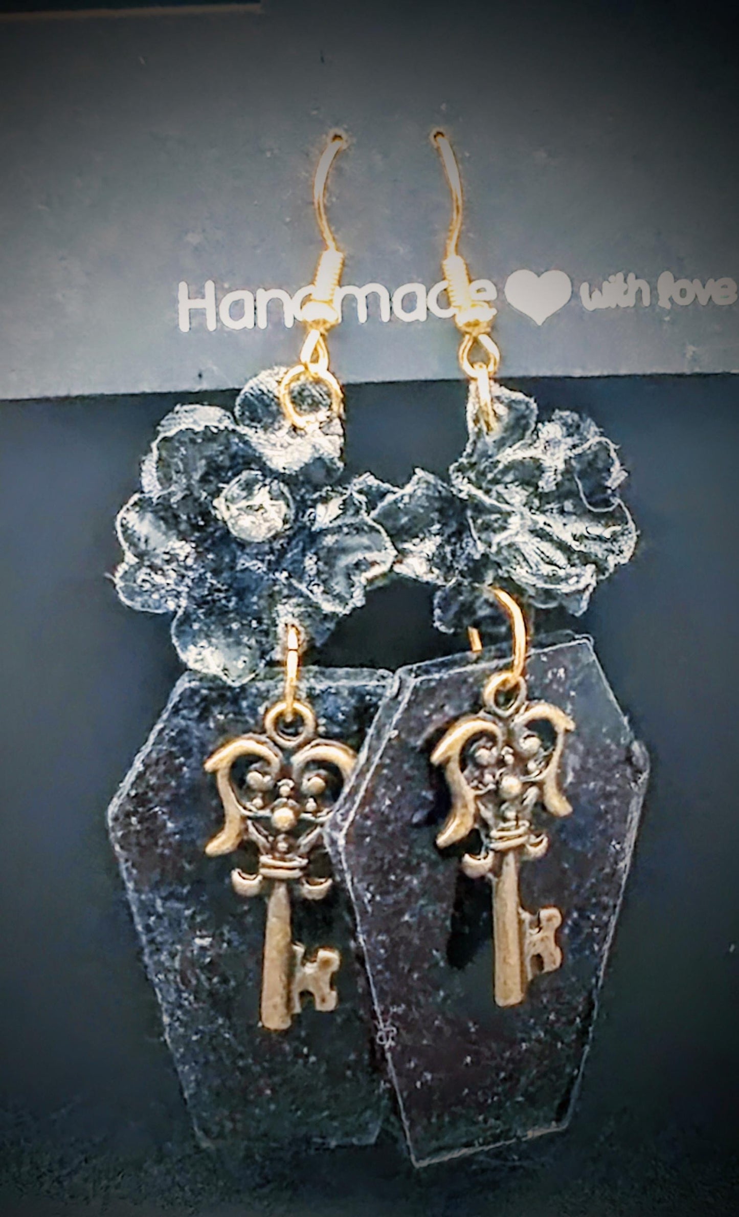 Key to the Crypt Coffin Dangle Boys| Skeleton Key and Black Rose Resin Drop Earrings