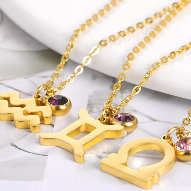 Zodiac Sign Necklace with Birthstones – 18k Gold Plated Jewelry