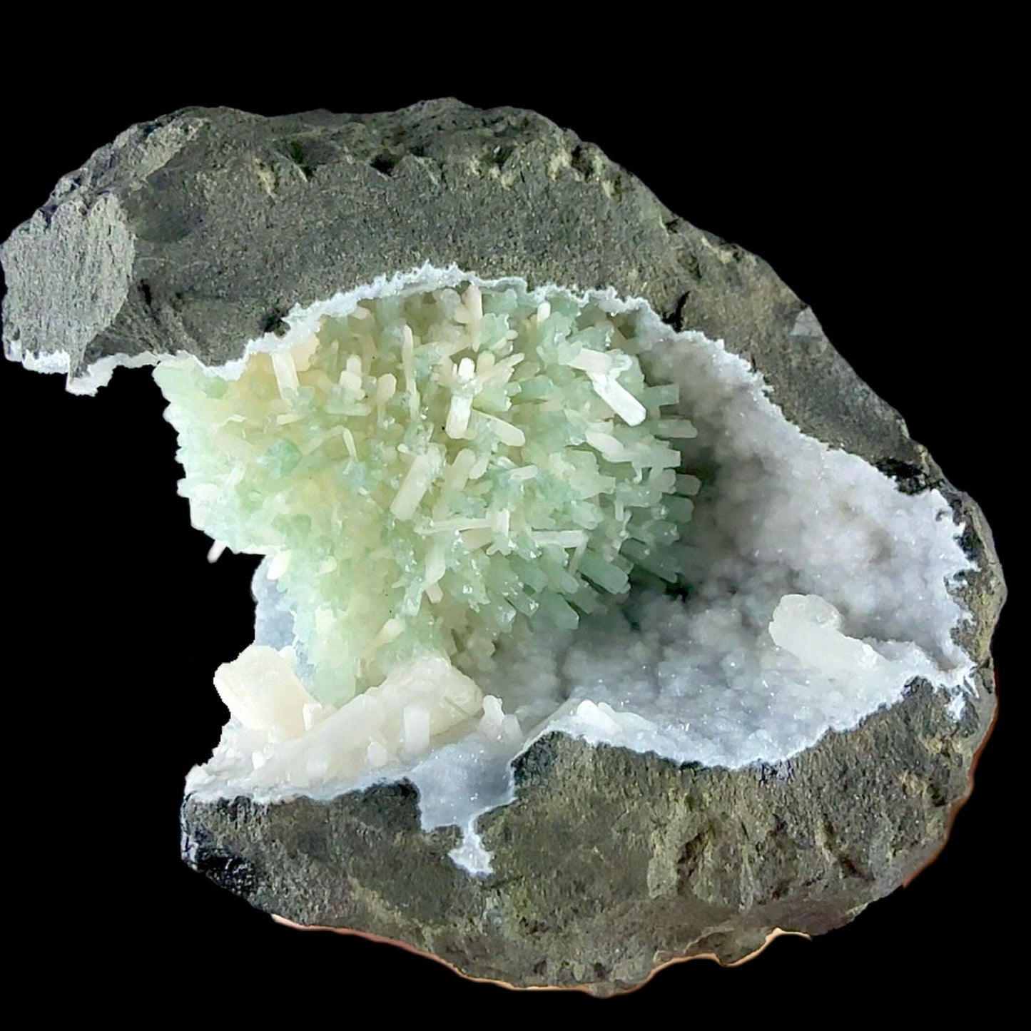 RARE Green Natrolite with Stilbite on Chalcedony | SELF STANDING | Indian Mineral | Superb Minerals | Rare Minerals | Collectors Piece โ Natrolite