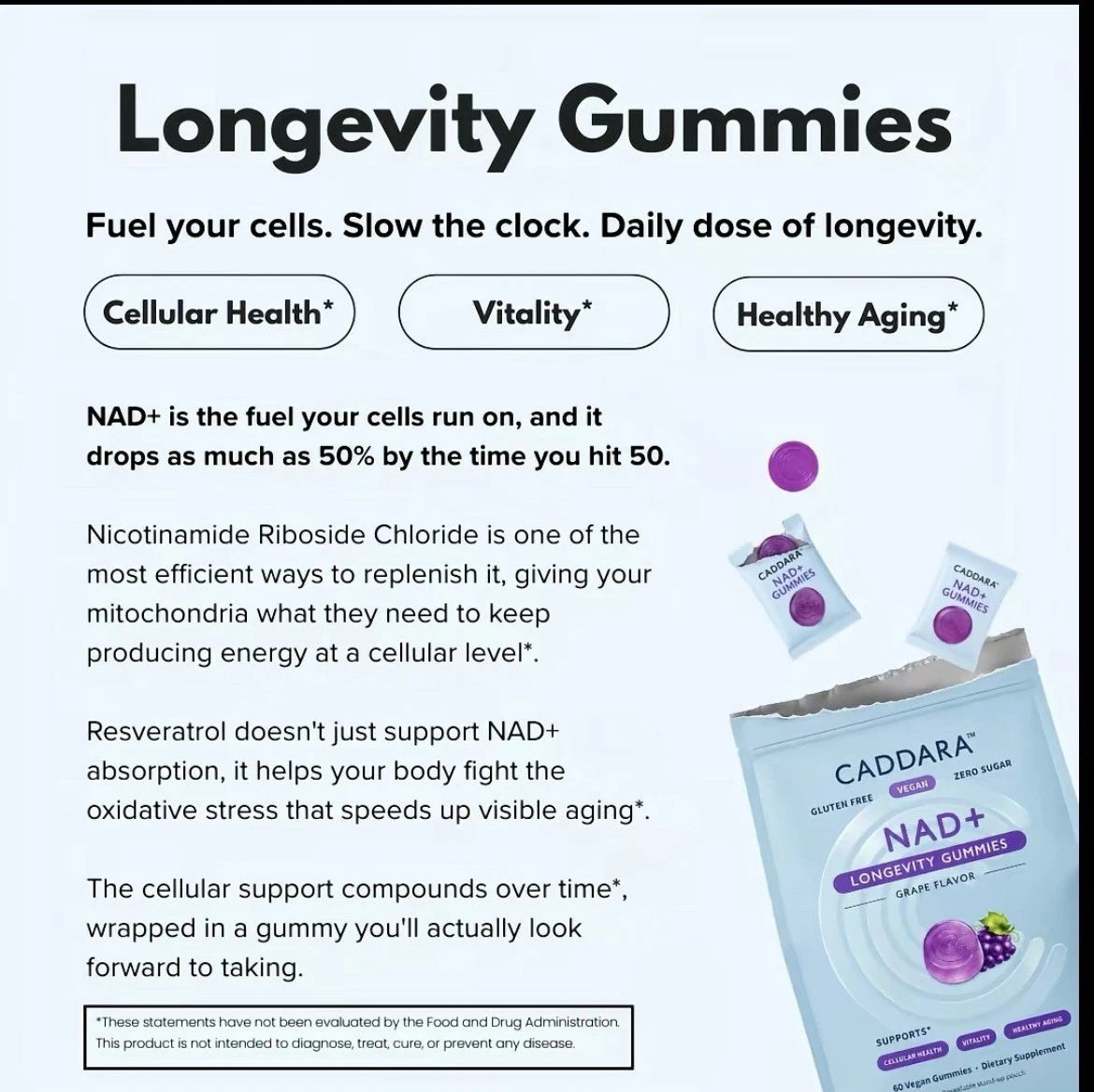 Caddara NAD+ Gummies – Grape Flavor, 60 Vegan Gummies