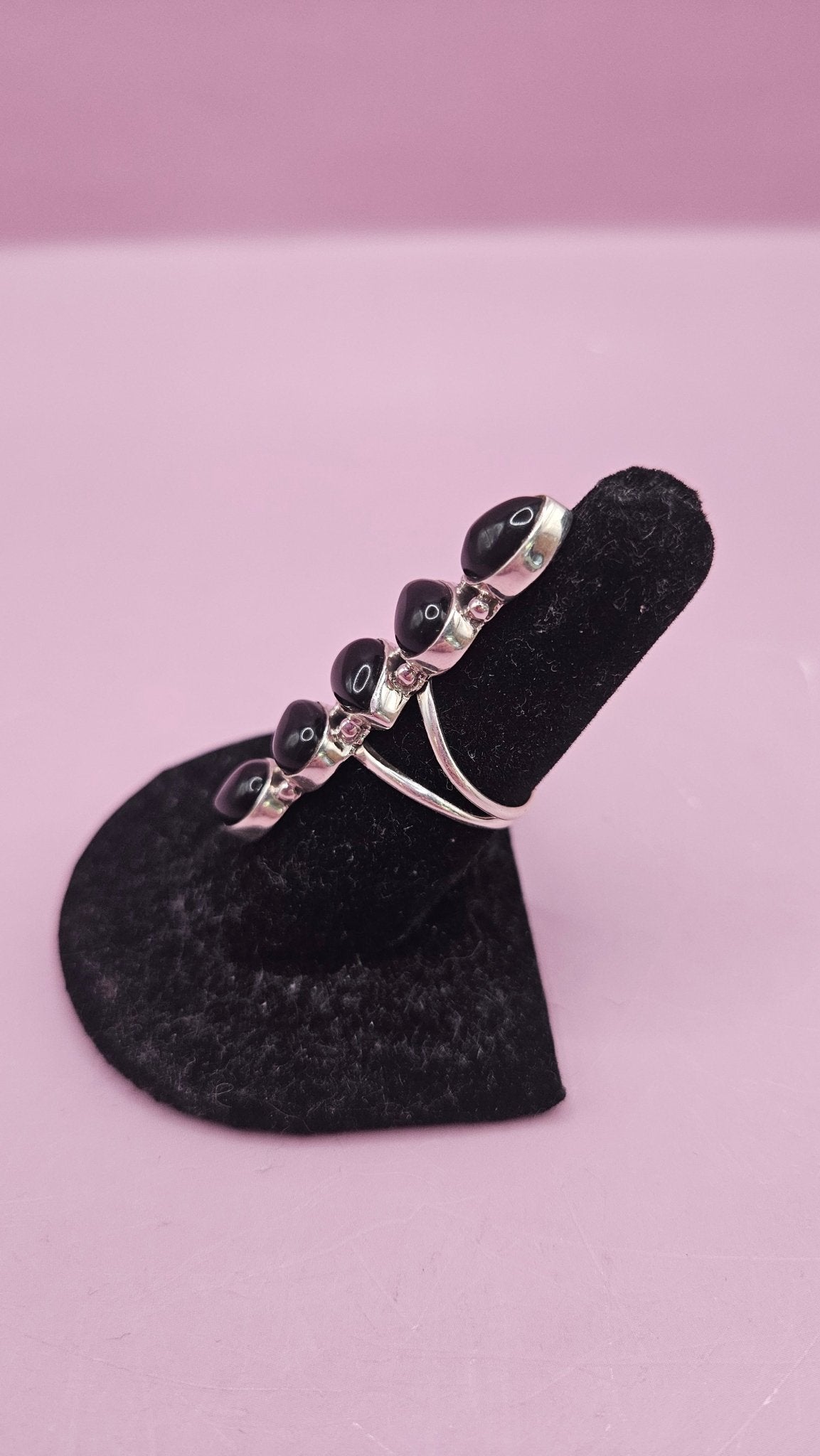 Sterling Silver Black Onyx Ring – Statement Multi-Stone Design (Size 7, 1.8")