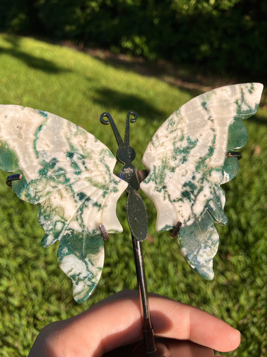 Moss Agate Butterfly Carving - (Uruguay) Ethically Sourced