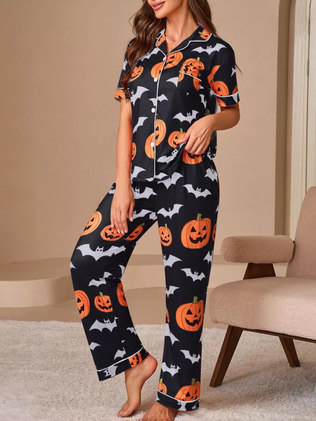 Halloween Pumpkin & Bat Print Button-Down Lounge Set