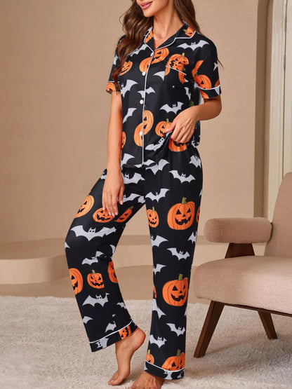 Halloween Pumpkin & Bat Print Button-Down Lounge Set