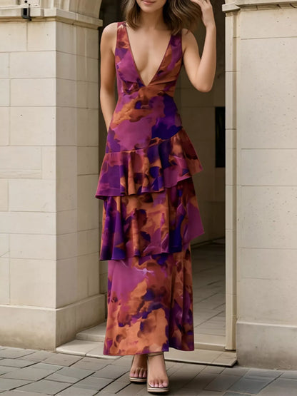 Deep Purple Floral V-Neck Tiered Backless Maxi Dress